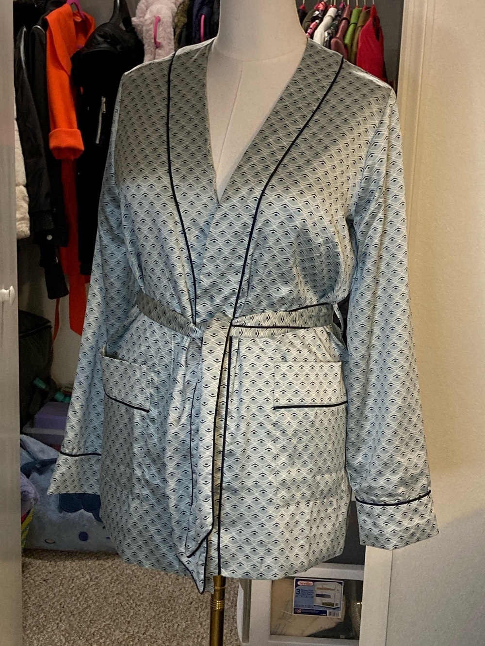 Victoria's Secret Light Blue Printed Satin Robe with Black Piping